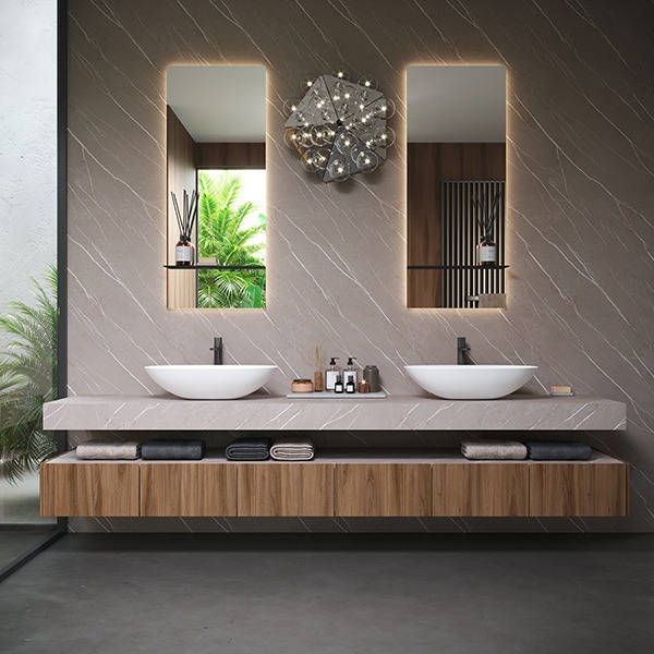 Bathroom surfaces: Arpa HPL 3447 Pulpis Light Kèr finish