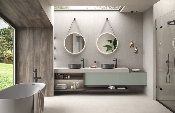 Bathroom surfaces: 4629 Nyame, 3478 Oya, 0776 Verde Celadon Bloom core