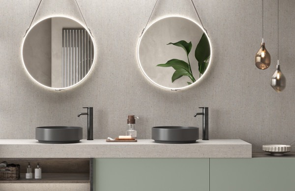 Bathroom surfaces: 4629 Nyame, 3478 Oya, 0776 Verde Celadon Bloom core