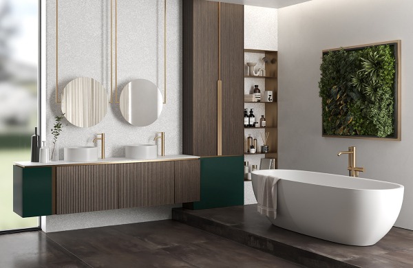 Bathroom surfaces: 4645 Caravalle Dark, 3510 Smili White, 0781 Verde Pino