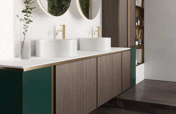 Bathroom surfaces: 4645 Caravalle Dark, 3510 Smili White, 0781 Verde Pino