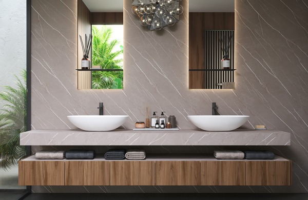 Bathroom surfaces: Arpa HPL 3447 Pulpis Light Kèr finish