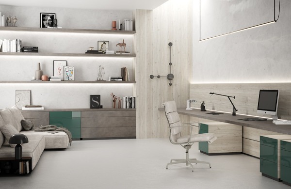 Office surfaces: 3480 Yarik, 4574 Rovere Iceland, 0760 Verde Modo Bloom core