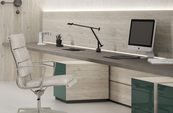 Office surfaces: 3480 Yarik, 4574 Rovere Iceland, 0760 Verde Modo Bloom core